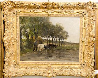 Charles Paul Gruppe (1860-1940),  oil on canvas,  Cows Heading to Pasture,  signed lower left: Chas P. Gruppe,  in Victorian...