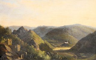 Pieter Casper Christ (1822-1888),  oil on panel,  European landscape, church in valley,  signed lower left: P. Christ,  12"...