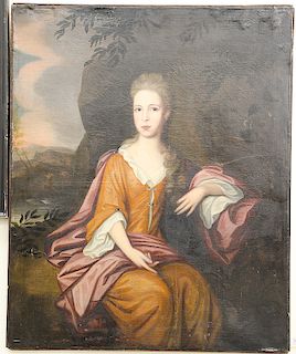 Large oil on canvas portrait,  elegant woman with landscape background,  unsigned,  with possible attribution to John Greenwood (1727-1792) 49 1/2" x 