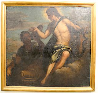 Large Italian School,  oil on canvas,  Two Male Figures,  with a harp and peacock,  possibly 18th century or earlier,  48...