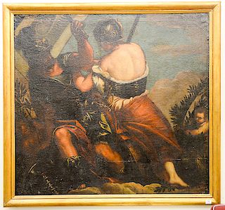 Large Italian School,  oil on canvas,  Soldier Fighting a Woman and putti figure on the side,  unsigned,  48 1/2" x 52"
