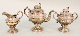 Federal silver three piece tea set with floral finial, early 19th century (sugar with hole drilled in base, unmarked).  80 t oz.