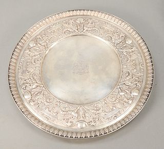 Tiffany & Co. silver footed salver with pairs of gargoyles and spheres, marked Tiffany & Co. Union Square.  dia. 12 1/4 in., 30.2...