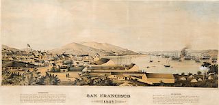 After G.T. Henry Firks,  colored lithograph,  Birds Eye view of San Francisco Harbour California Gold Rush with a list of Refere...