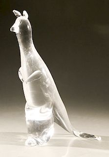 Large Steuben glass kangaroo, crystal animal sculpture, #8851, designed by Taf Lebel Schaefer, introduced in 1999, signed under tail...