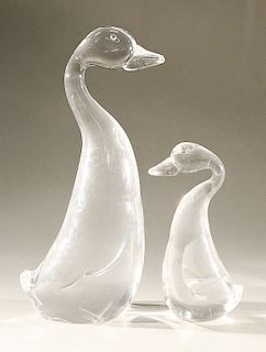 Pair of Steuben glass ducks, each crystal duck or goose figure in upright position, signed on bottom.  ht. 8 in.& ht. 13 in.  Co...