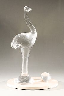 Steuben glass great ostrich with egg sculpture, on travertine oval base, designed by Taf Schaefer, introduced in 2007, ostrich signe...