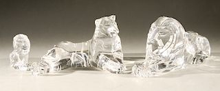 Three Steuben crystal animal figures including glass recumbent lion #1127, "Noble Tiger" #1196, and small seated lion.  recumbent...