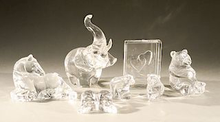 Seven Steuben glass pieces to include three glass bears, butterfly, Horse Yearling by Taf Schaefer, glass ornament with hearts inscr...