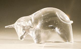 Large Steuben crystal bull, glass "Freespirit" by Stephen Bertron, signed on bottom.  lg. 9 in.  Condition: very good overall co...