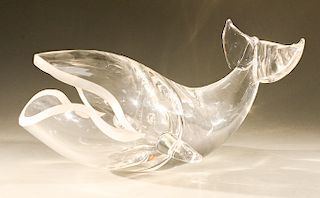 Large Steuben glass great whale crystal sculpture, #5009, designed by Paul Schulze.  lg. 14 in.  Condition: 1/2 inch crack comin...