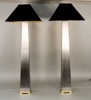 Pair of J. Robert Scott "Lithic" floor lamps, designed by Sally Sirkin Lewis, brushed stainless steel with polished brass base and c...