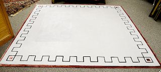 V'Soske custom carpet, tag on back, Pro-1446, beige with Greek key border with silk, 100% wool, 2001.  8'3" x 8'6"  Provenance:...