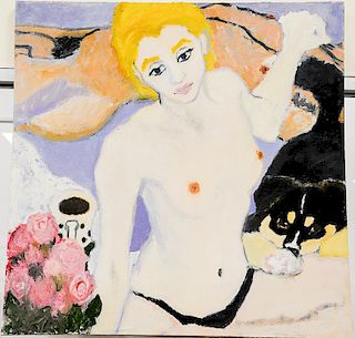 Betsy Podlach,  oil on canvas,  Nude with Roses Walking,  signed on verso,  44" x 44"  Being sold with a copy of Lionheart...
