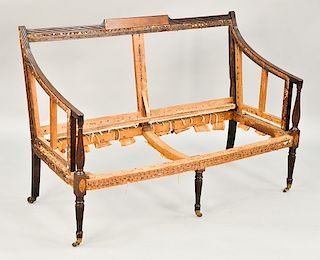 Federal inlaid mahogany settee having rectangular inlaid panel in center flanked by reeded crest rail, reeded arm on turned and flut...