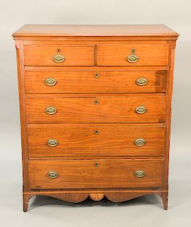 Virginia Federal mahogany tall chest, two over four drawer, flanked by line inlaid flat pilasters, set on short French feet, having...