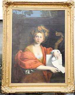 Large oil on canvas portrait painting of a girl with red robe holding a rolled music sheet, in large gold frame, 18th/19th century....