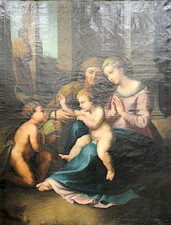After Guido Romano (1499-1546),  oil on canvas,  "Madonna and Child with St. Anne & St. John the Baptist",  47 1/2" x 61"