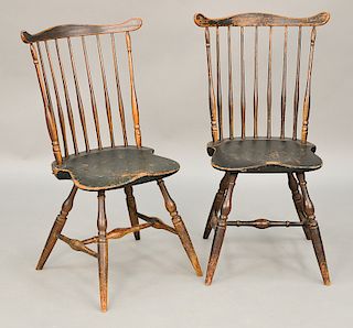 Pair of fanback Windsor side chairs having original brown painted legs with dark green seats, 18th century.  ht. 37 in., seat ht....