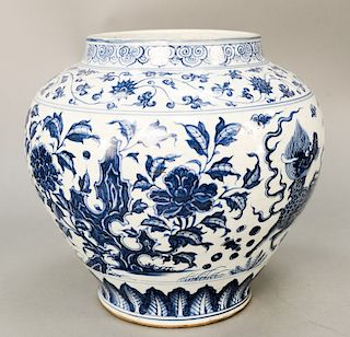 Blue and white jar, China, 19th century or older, in classic Ming-style, well painted in underglaze blue with central kilin and lion...