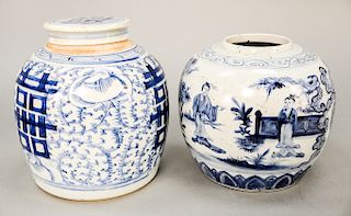 Two piece lot to include blue and white ovoid jar, China, 18th/19th century, decorated with figures of boys in a landscape and a blu...