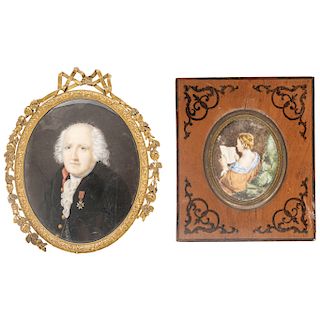 A PAIR OF MINIATURES: A LADY READING AND A GENTLEMAN. 19TH CENTURY.