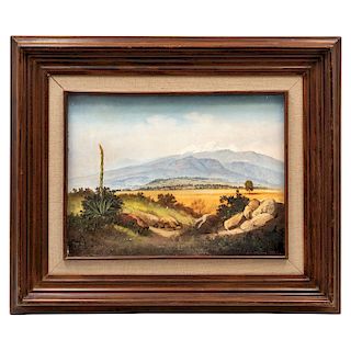 SIGNED "SITEN LORETO". VIEW OF IZTACCIHUATL FROM THE ROAD TO ATLIXCO. MEXICO, 20TH CENTURY.