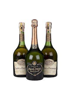 Champagne. a) Grand Siécle. Non Vintage. Brut. Laurent - Perrier. b) Taittinger. Cosecha 1966. Brut. Total de piezas: 3.