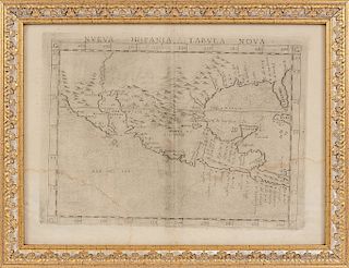 Ruscelli, Girolamo. Nueva Hispania Tabula Nova. Venecia, 1561. Mapa grabado, 19 x 26 cm. Manchas de humedad. Enmarcdo.