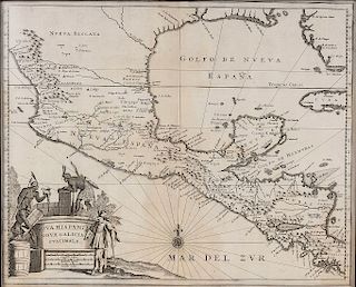 Montanus, Arnoldus - Ogilby, John. Nova Hispania Nova Galicia Guatimala. London, 1671. Mapa grabado, 29 x 36 cm. Enmarcado.