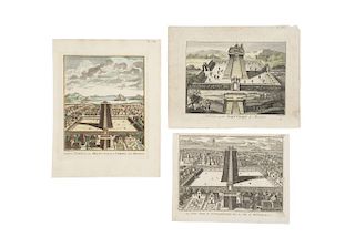 Picart, Bernard / Schley, Jacob van der / Rusell, William. Vista del Templo Mayor de México. Ámsterdam / London, 1722/30/78. Pzas: 3.