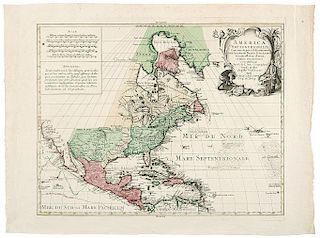 De L'Isle, Guillaume. America Septentrionalis... Augsburgo, Tobiam Conrad Lotter, ca. 1770. Mapa grabado coloreado, 48 x 59 cm.