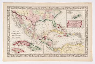 Mitchell (Jr.), Samuel A. Map of Mexico, Central America and the West Indies. Pennsylvania, ca. 1864. Mapa coloreado, 33.5 x 53.5 cm.
