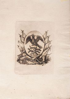 Escudo de Armas del Primer Imperio Mexicano. Águila Coronada. Grabado, 11 x 8.5 cm, hoja 21.5 x 15.5 cm.