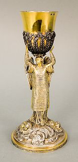 Continental silver chalice with gilt decorated cup figure and base.  ht. 12 in.,  35 t oz.