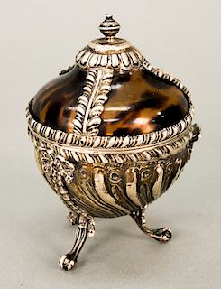 Continental silver footed box with silver and tortoise top, late 19th century.  ht. 4 3/4 in.,  5.3 t oz.