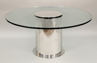 Paul Mayen for Habitat, large polished aluminum drum table with round glass top.  ht. 29 in., dia. 60 in.