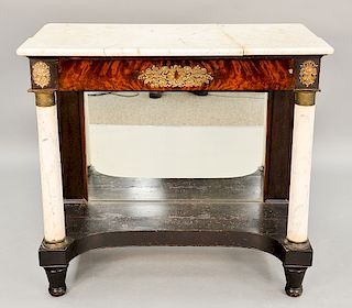 Empire mahogany pier table, having marble top over drawer with marble columns with mirror back, all set on turned legs, circa 1830 (...