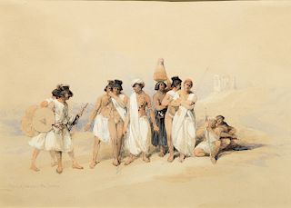 David Roberts (1796-1864),  watercolor and pencil on paper,  Group of Nubians, Wady Kardassy 1846,  titled lower center on mat...