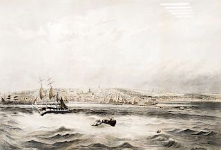 After J.W. Hill,  hand colored engraving,  "New Bedford from Fair Haven 1853",  published by Smith Brothers & Co, New York, <R...
