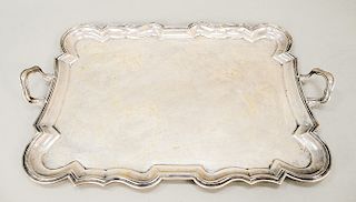 Sterling silver shaped tray with two handles, probably Peruvian, marked A.B.F.  17 1/2" x 27"  100 t oz.  Provenance: Estate o...