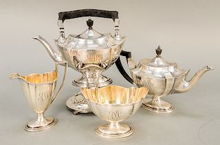 Gorham four piece tea set, sold by Bigelow & Kennard.  tallest: ht. 10 in. (without handle),  77.3 t oz.