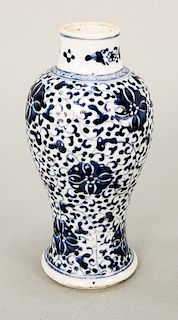 Small blue and white baluster vase/jar, China, 18th/19th century, decorated overall with stylized floral pattern, along with silk br...