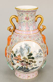 Famille Rose Republic Hu vase with gilt handles and raised orange bats and delicately painted with reserves o...