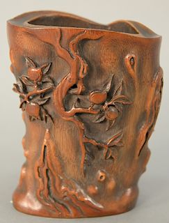 Chinese bamboo brush pot with three dimensional carved peach trees.  ht. 6 1/8 in.