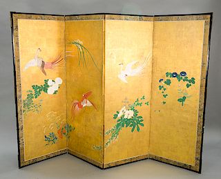 Four panel floor screen, Japan, 19th century (Edo or Meiji), exquisitely painted on gold-leaf background with flying phoenix-pheasan...