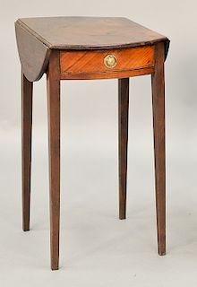 George III diminutive mahogany drop leaf table with drawer on square tapered legs, circa 1800.  ht. 27 in., open wd. 23 in., dp. 1...