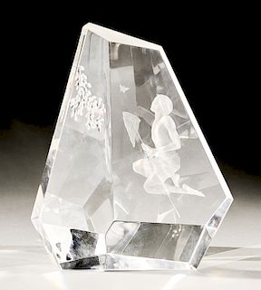 Steuben glass "Boy and Butterfly" crystal sculpture, designed by George Thompson and engraving designed by Tom Vincent, signed on bo...