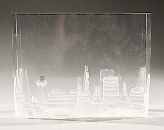 Steuben "Monument Valley" designed by Bernard X Wolff introduced 1984, engraved and carved glass sculpture mountainous landscape #03...