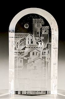 Steuben glass sculpture, Town on Hillside, signed on bottom Steuben, in red fitted leather box.  ht. 9 in.  Condition: one flea...